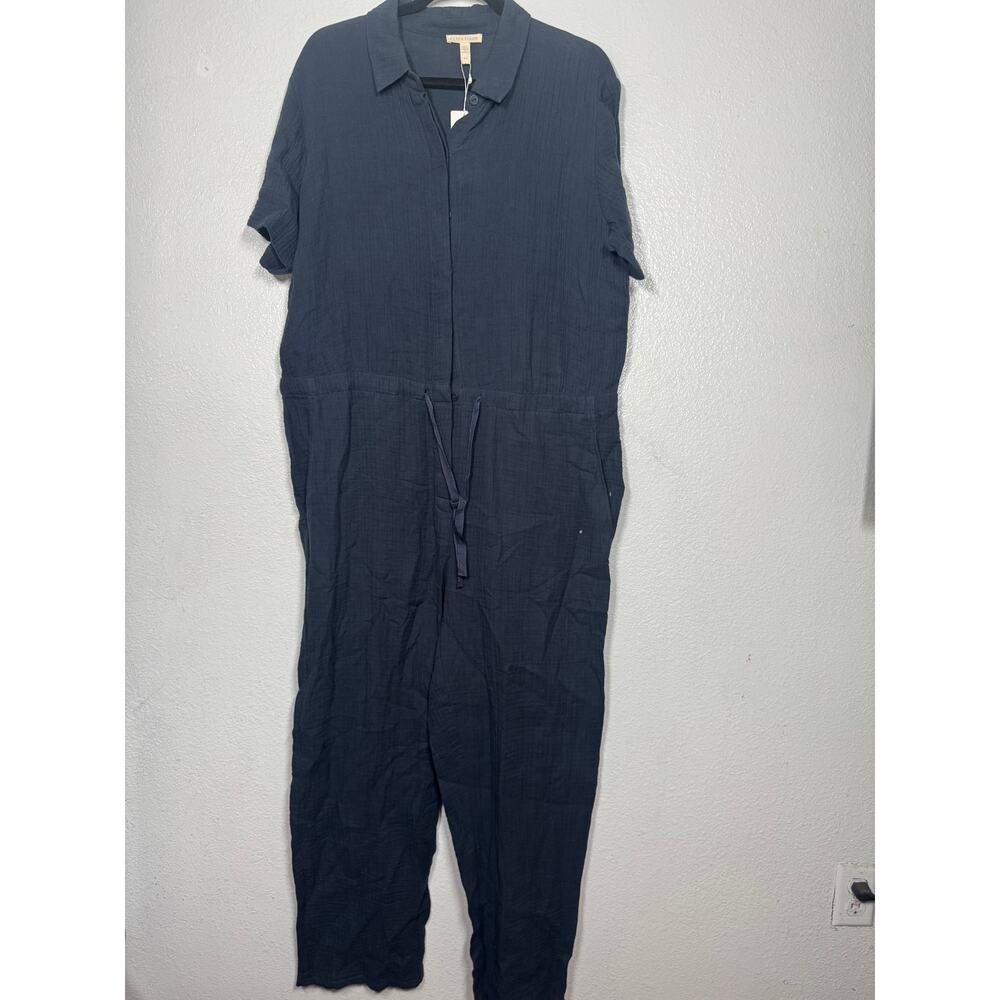 New Eileen Fisher Cotton Lofty Gauze Jumpsuit Navy Blue Sz M Drawstring